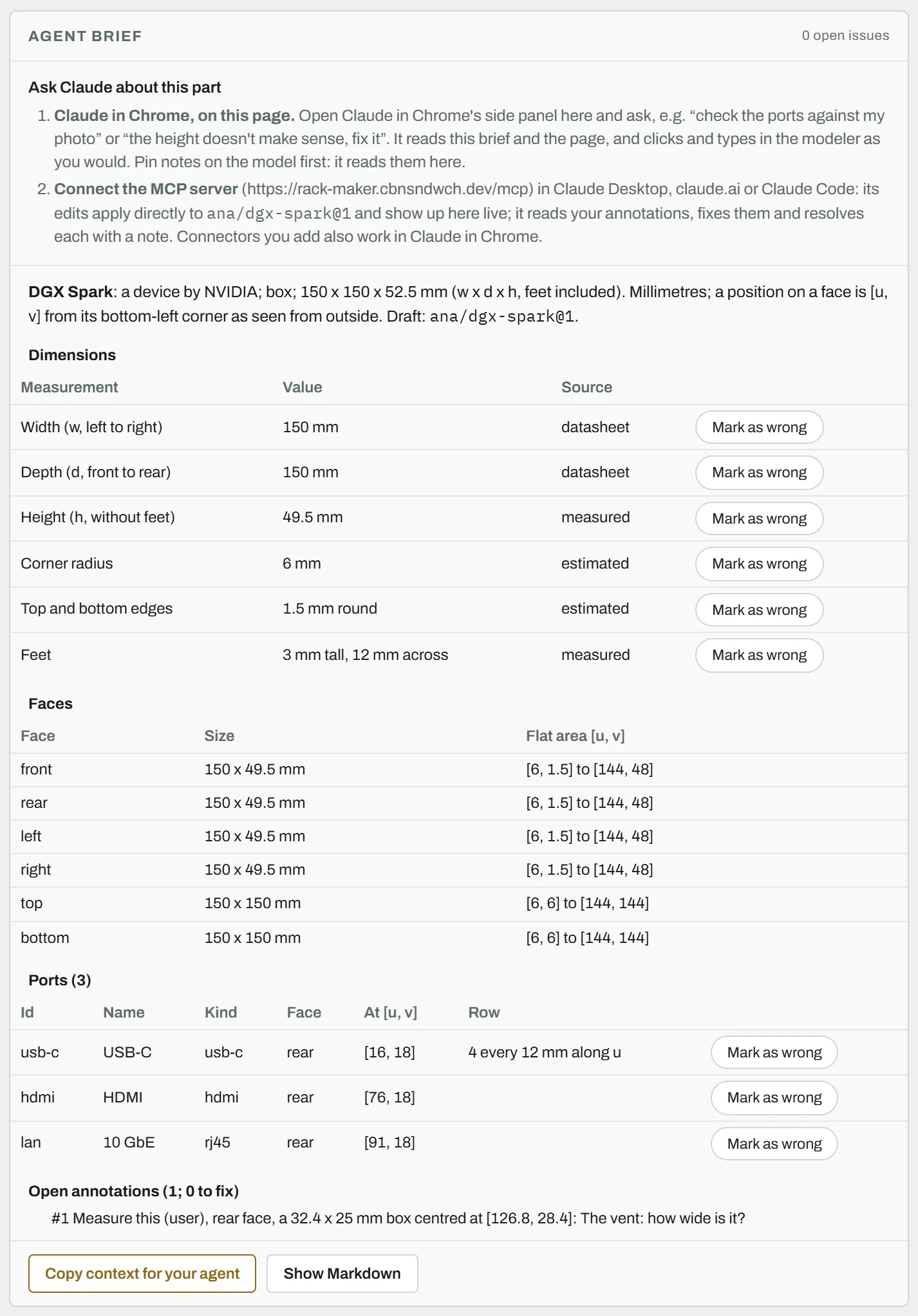 The Agent brief card of a DGX Spark: a summary, every measurement with its source, the faces' sizes, the ports and their positions, the open annotations, and Copy context for your agent