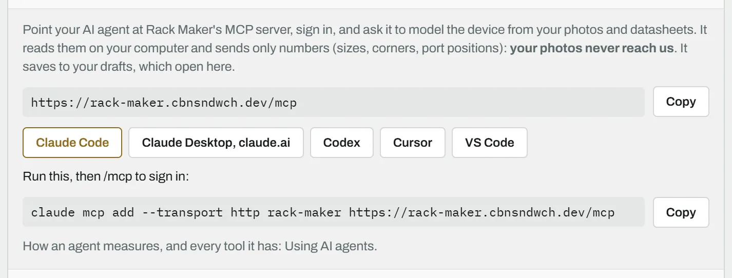 The Use with your AI agent panel in the modeler: the MCP server's URL, and how to connect each client