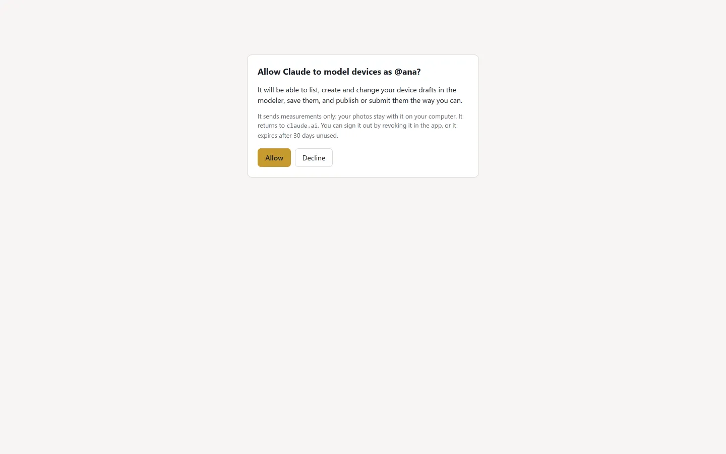 The page an agent's sign-in opens: Allow Claude to model devices as @ana, what it may do, and the Allow and Cancel buttons
