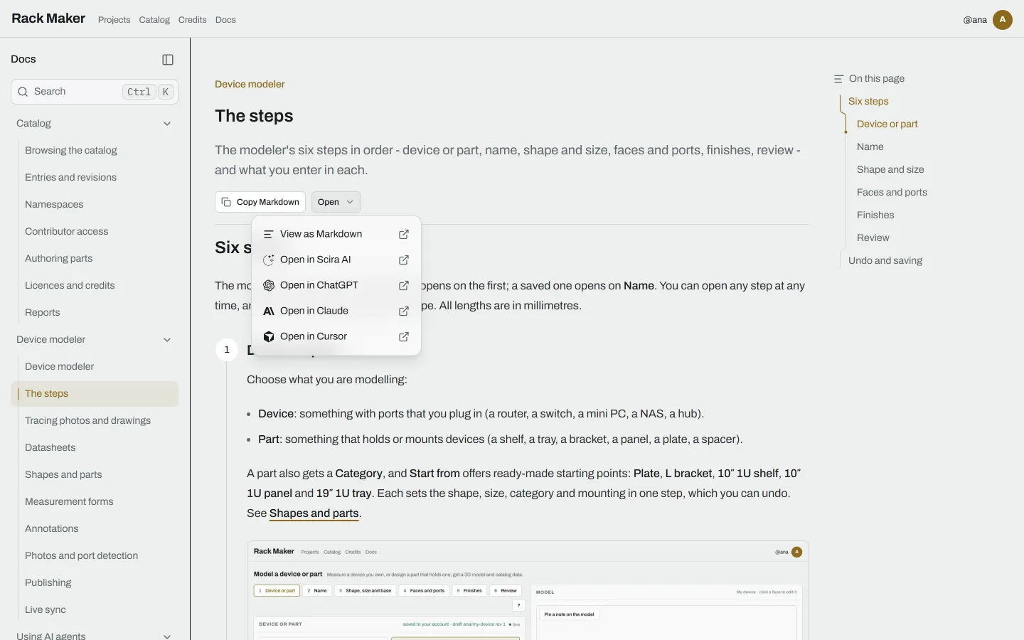 A docs page with Copy Markdown and the Open menu under its title, open on View as Markdown, Open in ChatGPT, Open in Claude, Open in Cursor and Open in Scira AI