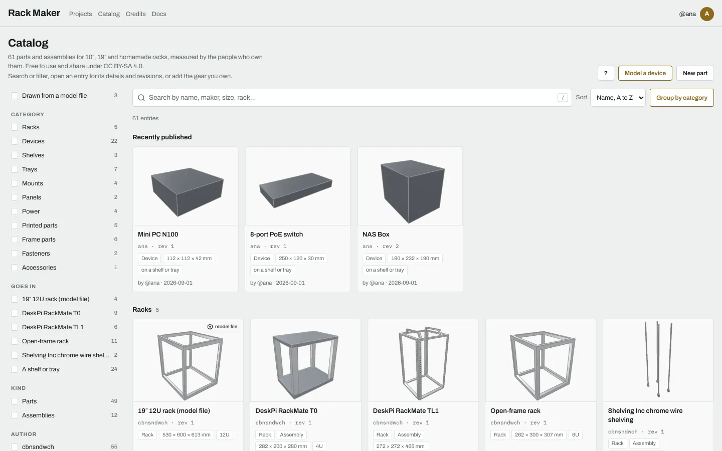 The Catalog page: the filters in a column on the left, the search box, the Recently published strip, the results grouped by category, and the work panel on the right