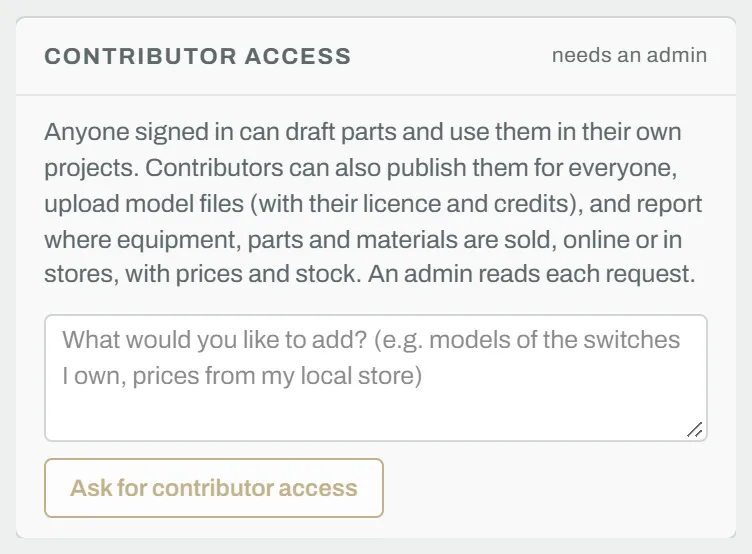 The Contributor access card on the Catalog page, with a box to say what you would like to add and the Ask for contributor access button