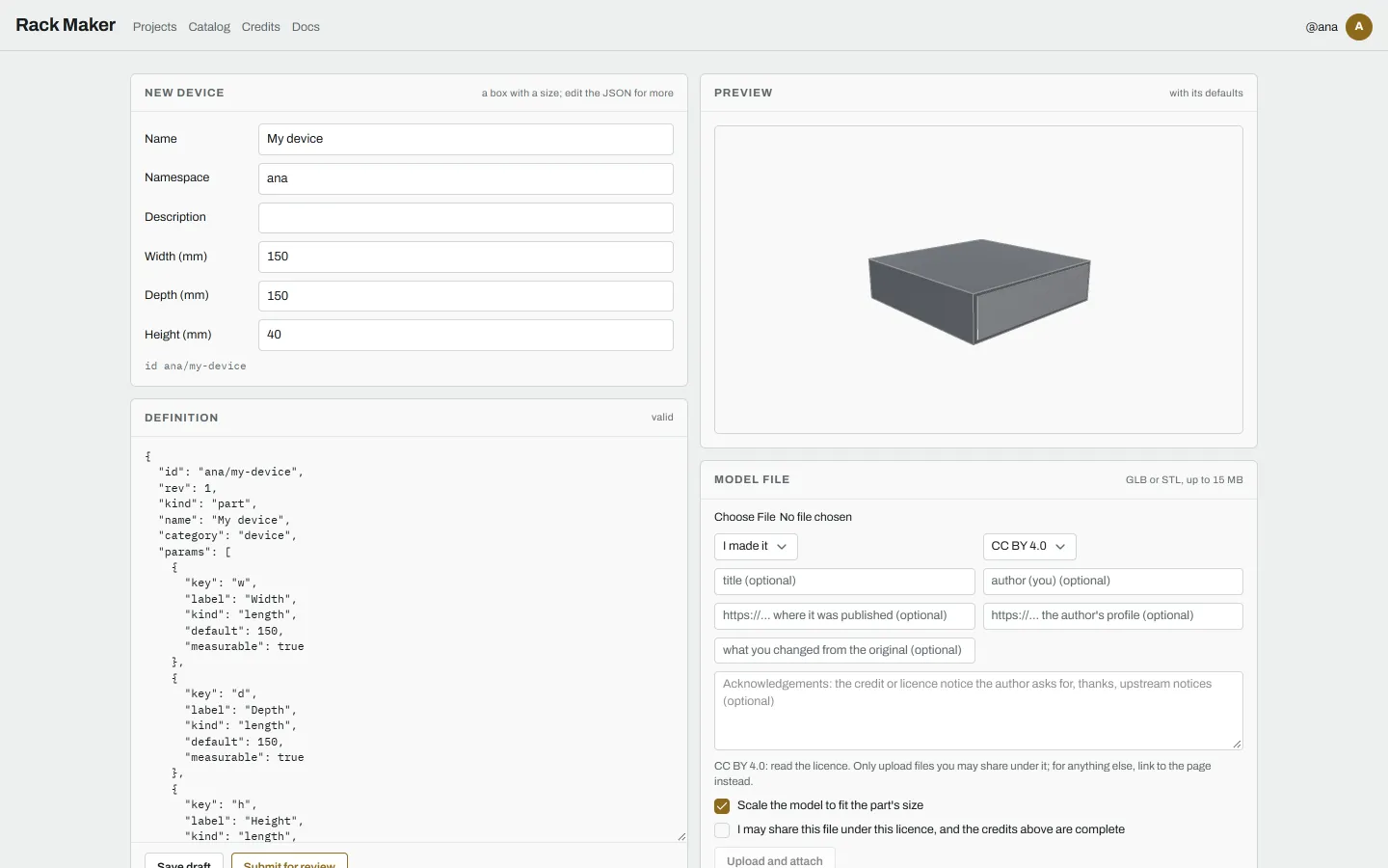 The catalog editor for a new part: the New device quick form, the Definition card with the entry as JSON, the 3D preview, and the Model file section