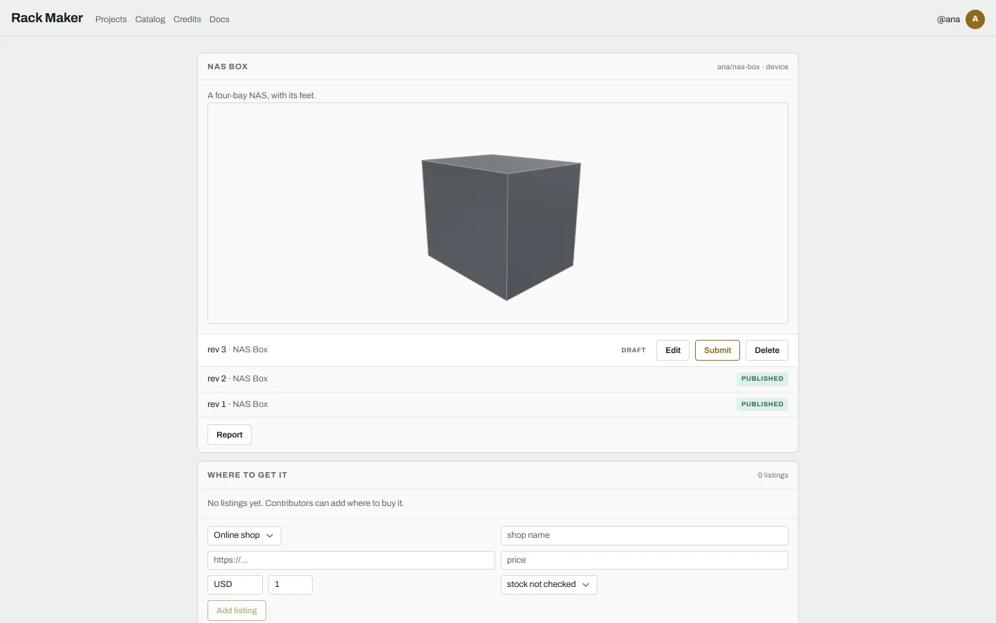 The catalog page of a device, NAS Box: its id and category, its description, a 3D preview, and its revisions: rev 3 a draft with Edit, Submit and Delete, and revs 2 and 1 published