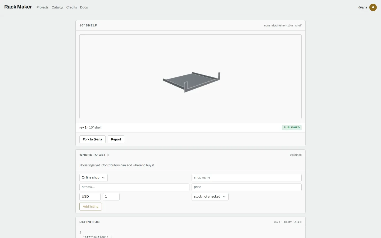 The page of the 10″ shelf that ships with Rack Maker, seen by @ana: Fork to @ana and Report next to its name