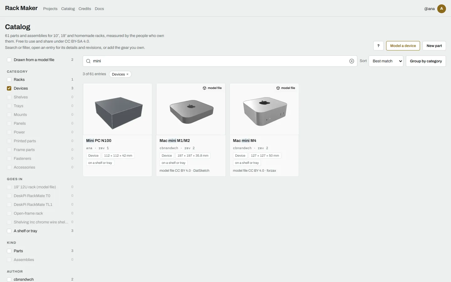 The catalog searched for mini with the Devices filter on: the count of matching entries, a chip for the filter, and the matching cards with the word highlighted