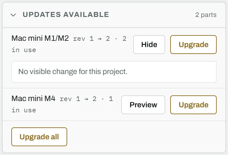 The Updates available card in a project, with the preview of an upgrade open: the parameter defaults that change, and Preview, Upgrade and Upgrade all