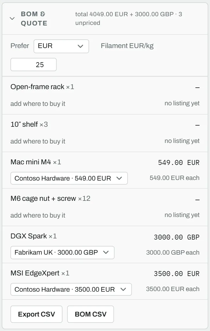 The BOM & quote card: a line per part with its quantity, the listing picked for it and its price, and the total per currency in the header