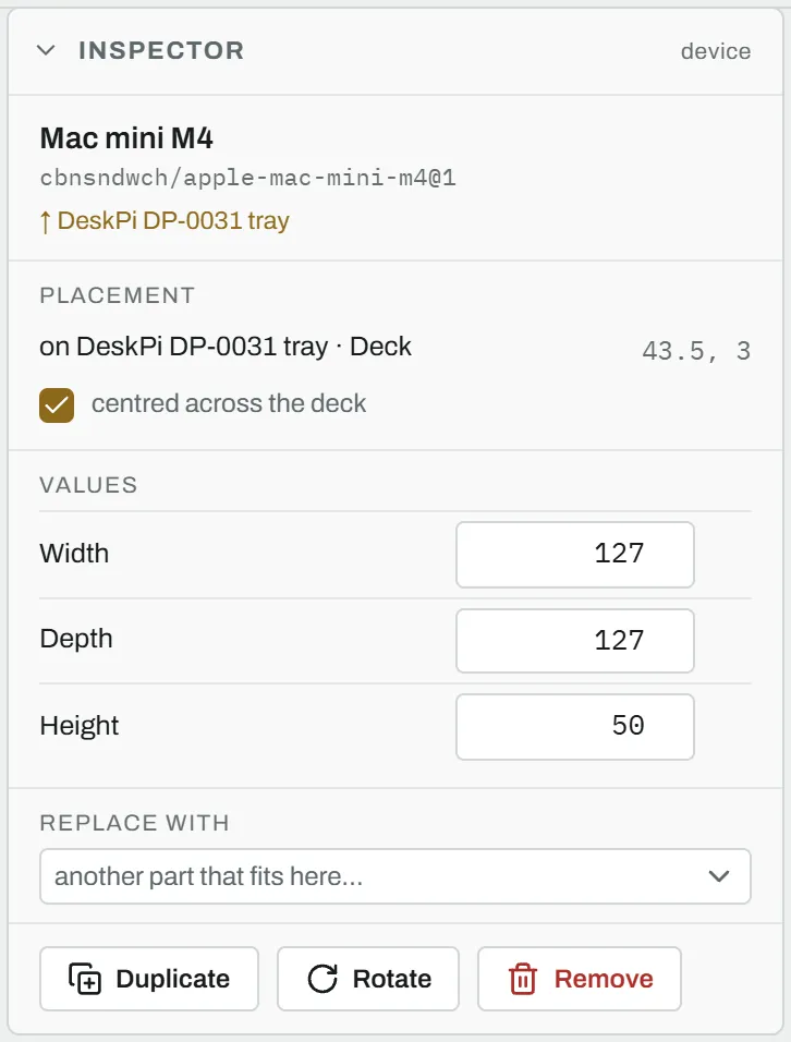 The Inspector card with a Mac mini M4 selected: its catalog id, a link up to the tray that holds it, its placement on the deck, its values, sockets and the Duplicate, Rotate and Remove buttons