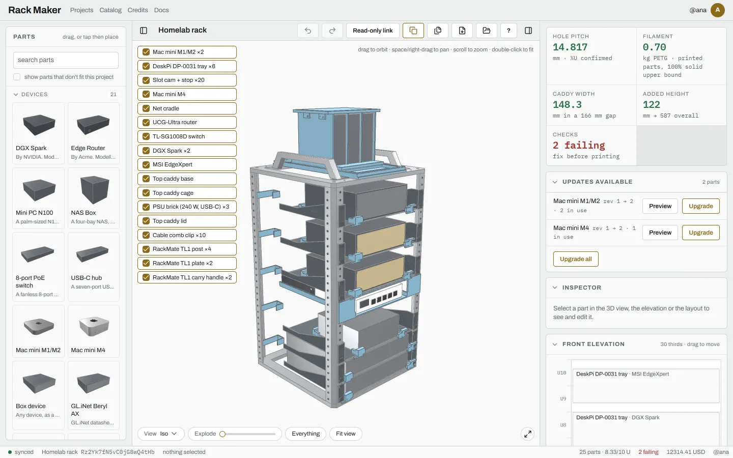 The editor with a DeskPi RackMate TL1 project: the Parts palette on the left, the rack in 3D in the middle, and the summary, updates, inspector and front elevation on the right