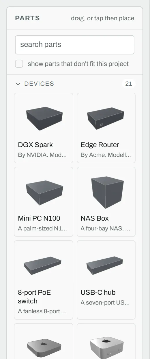 The Parts palette: the search box, the checkbox to show parts that do not fit, and the Devices group with a picture of each part
