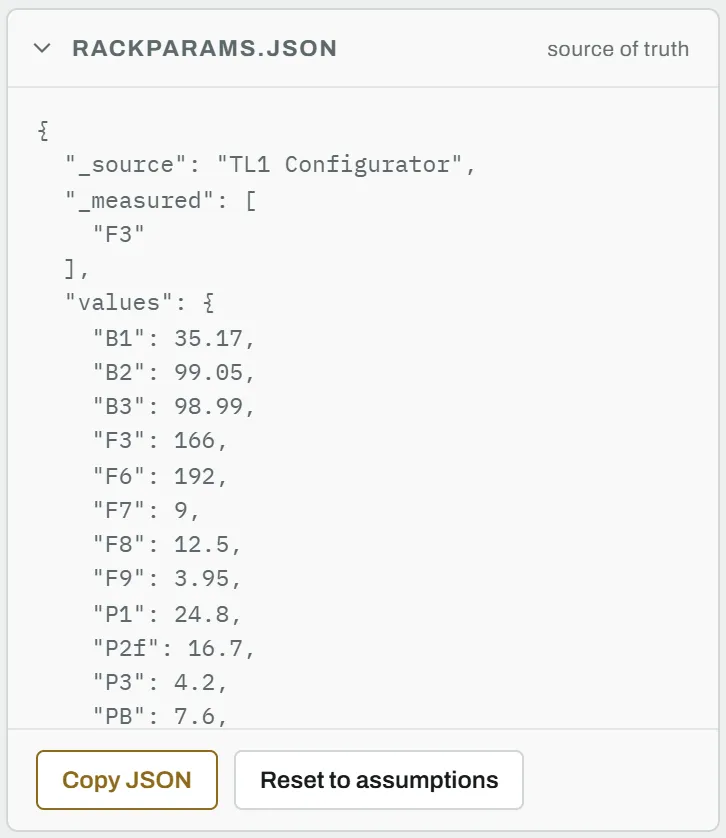 The rackparams.json card: the project as JSON, with Copy JSON and Reset to assumptions below