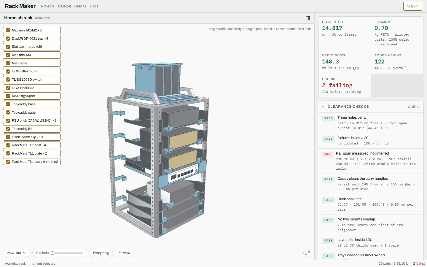 A project's read-only view: its name marked read-only, the 3D view with its controls, and the summary, Clearance checks and Credits on the right