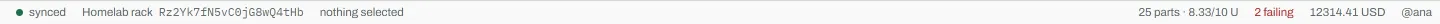The status bar: synced, Homelab rack and its id, nothing selected, 25 parts and 8.33 of 10 U, 2 failing, 17.41 USD and @ana