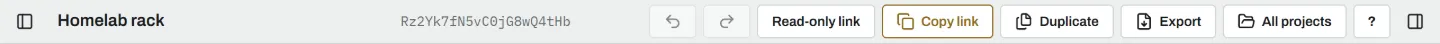 The editor's toolbar: the sidebar button, the project's name and id, undo and redo, Read-only link, Copy link, Duplicate, Export, All projects, ? and the other sidebar button