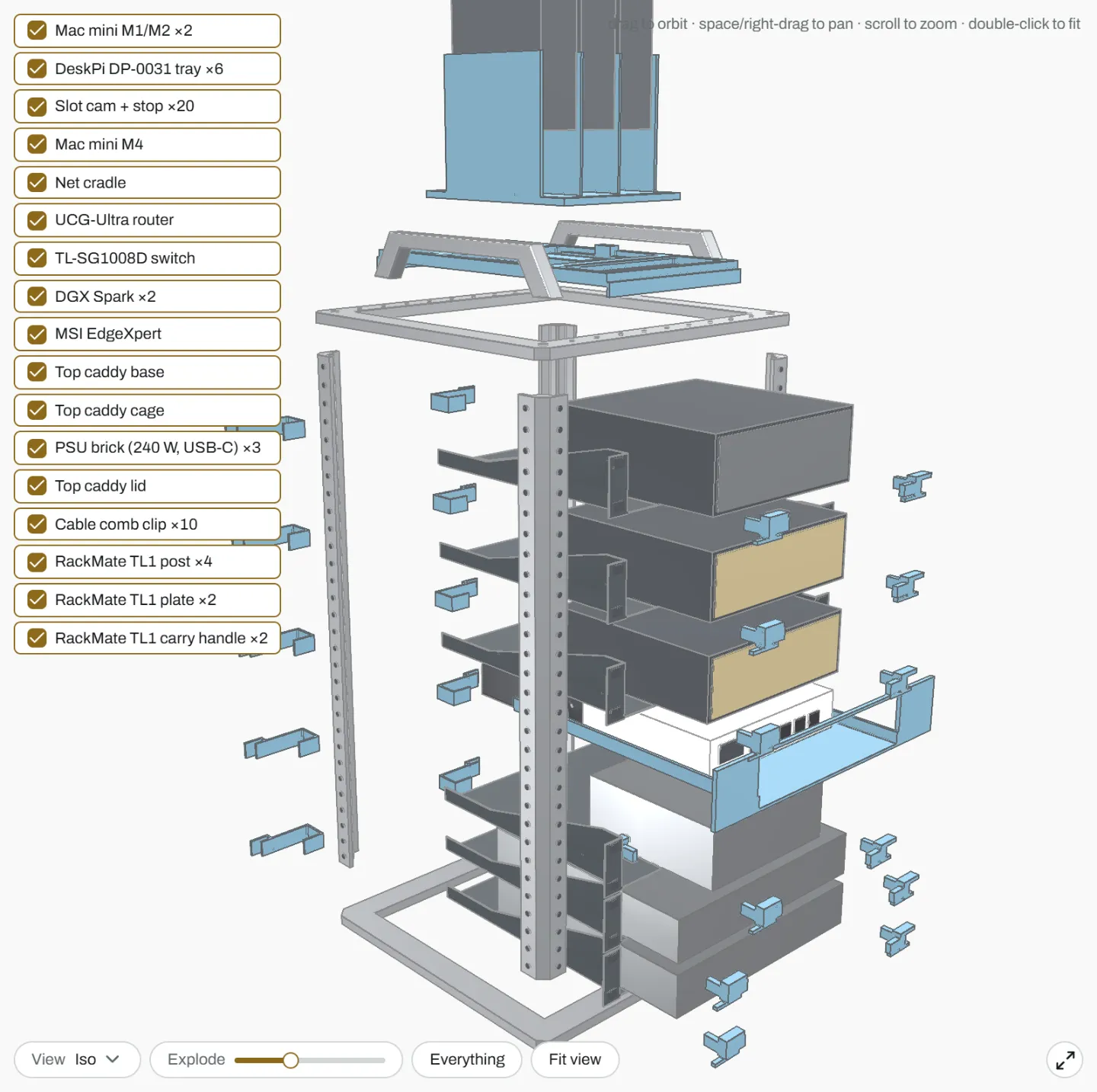The 3D view with the parts pulled apart by Explode, the list of parts to show or hide at the top left, and View, Explode, Everything, Fit view and Full viewport along the bottom