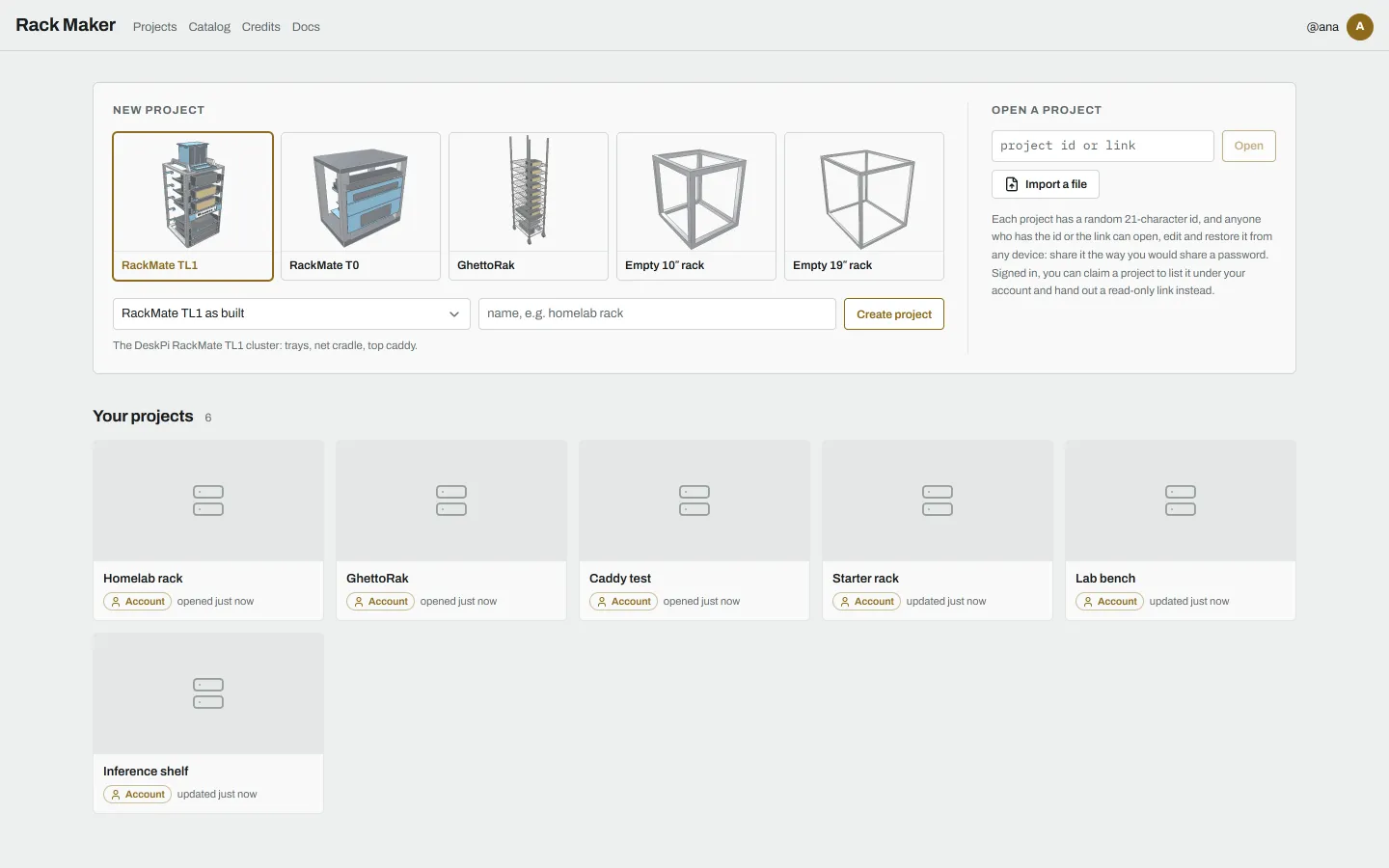The Projects page, with Your projects listed below the New project and Open a project cards
