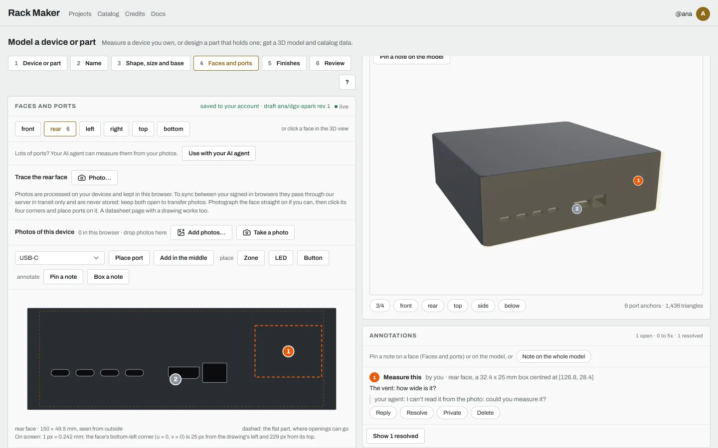 The Faces and ports step of a DGX Spark: a box noted Measure this and a resolved pin on the rear face, and the Annotations card listing them with the agent's reply