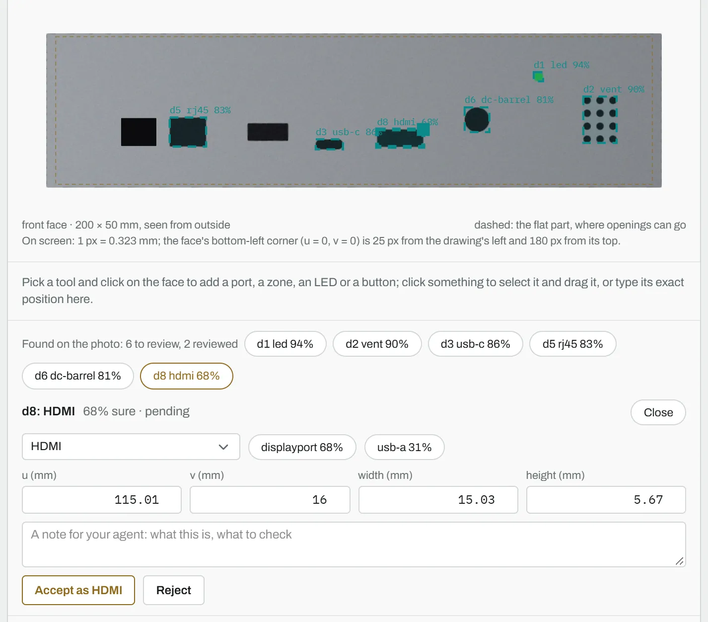 A candidate selected on the front face, and its review below: What it is set to HDMI with the next best guesses, its box in millimetres, a note, and Accept and Reject
