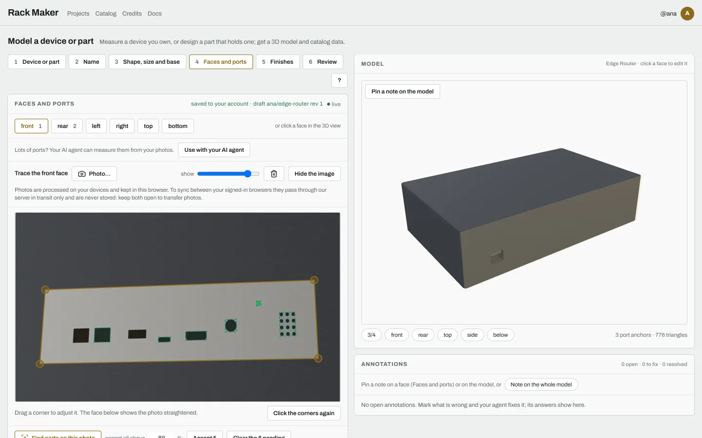 The front face of the Edge Router after detection: dashed teal boxes on the face and on the photo, each labelled with its kind and confidence, and one RJ45 already accepted as a port