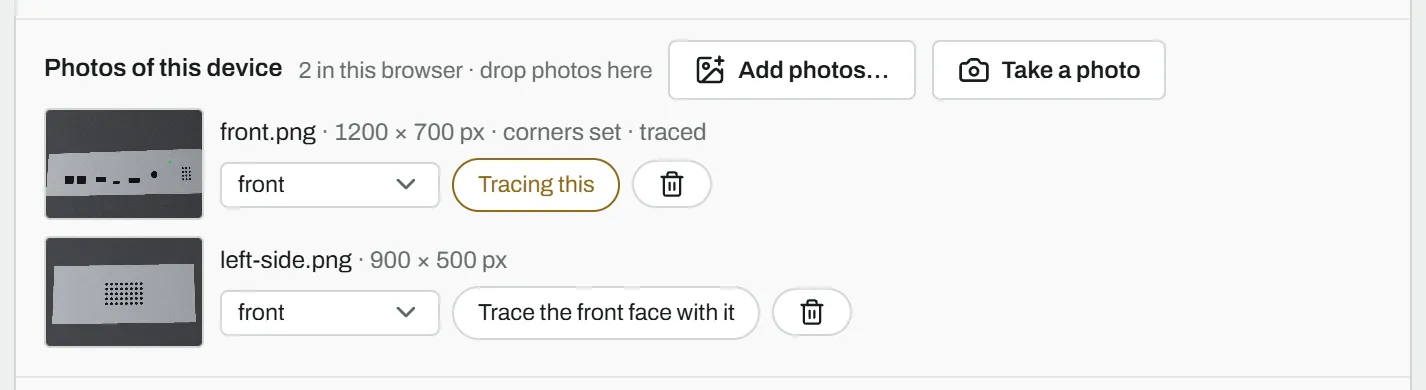 Photos of this device: two photos, one on the front face and traced, with the menu to change its face and Trace the front face with it