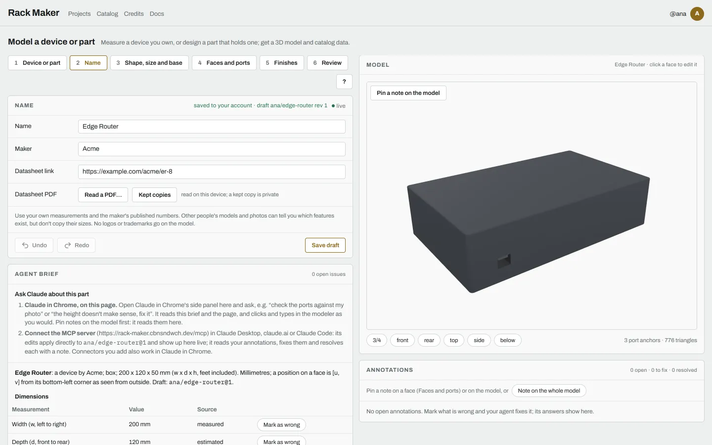 The Name step: Name Edge Router, Maker Acme, the datasheet link, and the datasheet PDF with its kept copy