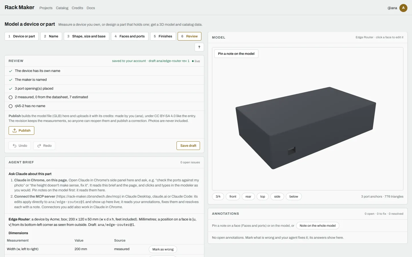 The Review step: the checklist and the Publish button, with the note that the device is published under CC BY-SA 4.0
