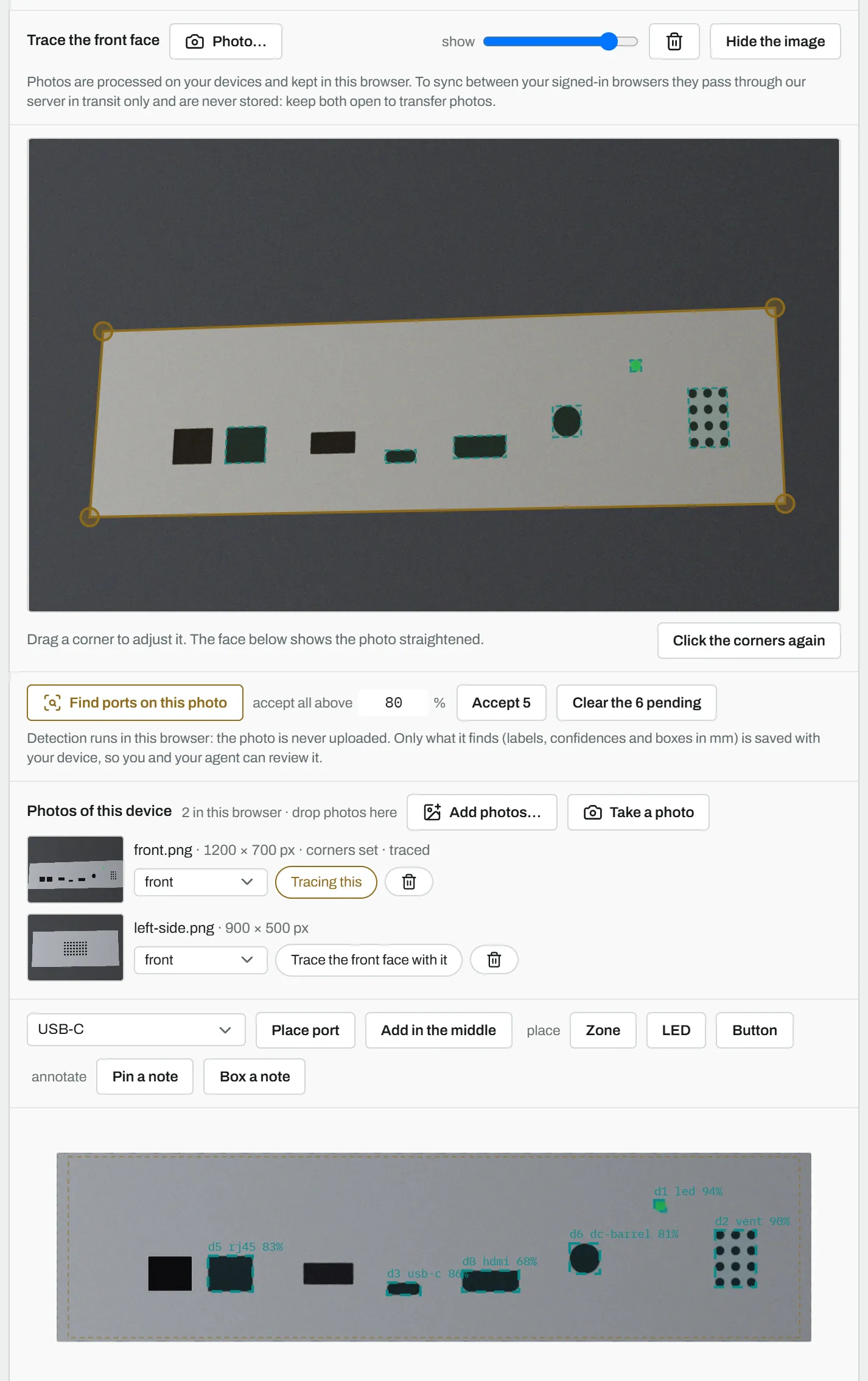 The front face of the Edge Router with its photo straightened under it: ports, a LED and a vent line up with the photo, and the photo controls above