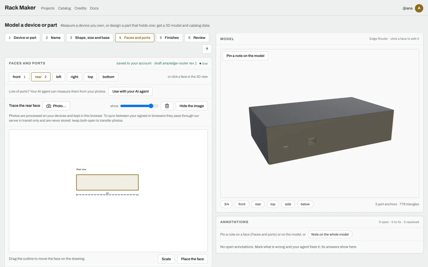The device modeler on the Faces and ports step of an Edge Router: the steps and the rear face with its ports and a traced drawing on the left, and the 3D model on the right